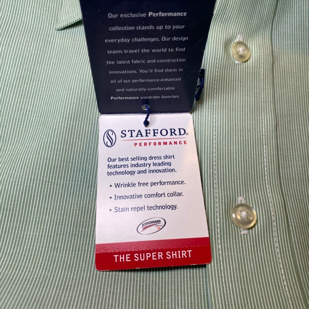 Stafford Performance Super Shirt Mens 17.5 Green White Stripe Classic Fit NWT - Picture 5 of 10